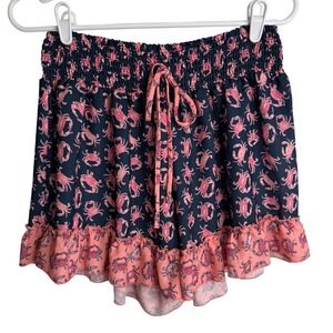 Simply Southern Women Navy Pink Crab Prnt Smocked Ruffle Hem Shorts OS Fits Most